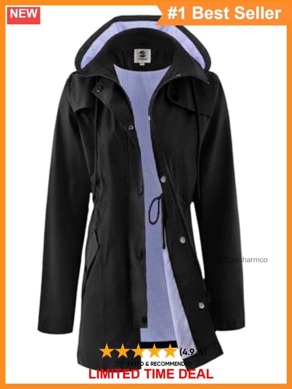 Waterproof Rain Jacket Hooded Anorak Drawcord Waist Long Sleeve Outdoor